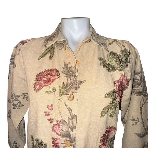 Vintage Linen Blend Button Front 3/4 Sleeve Floral Print Top Blouse Beaded SM - Picture 5 of 10